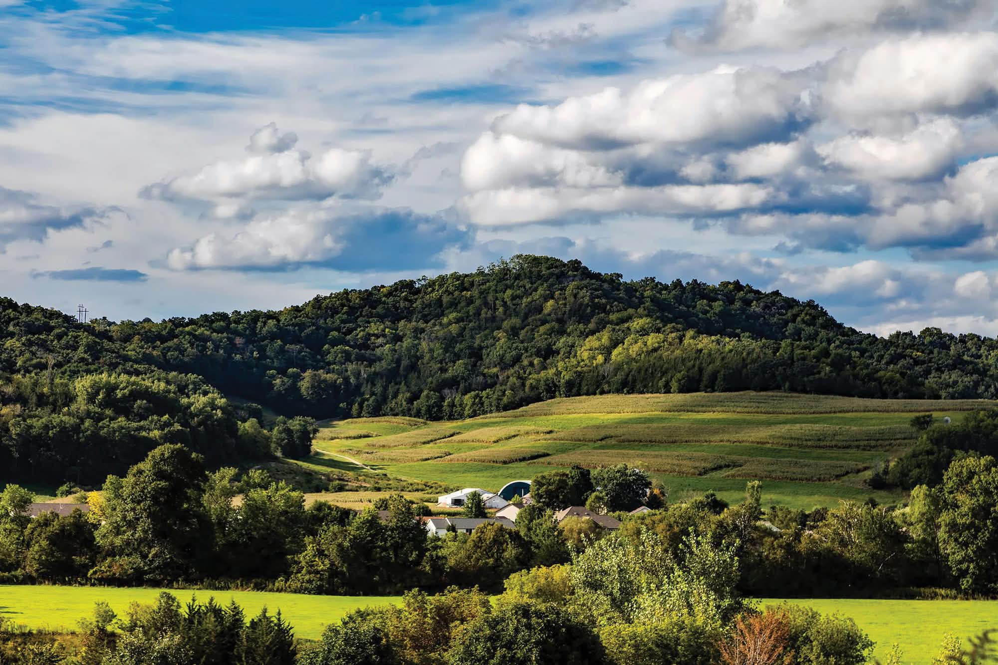 Rolling hills dotted with fields and woods.