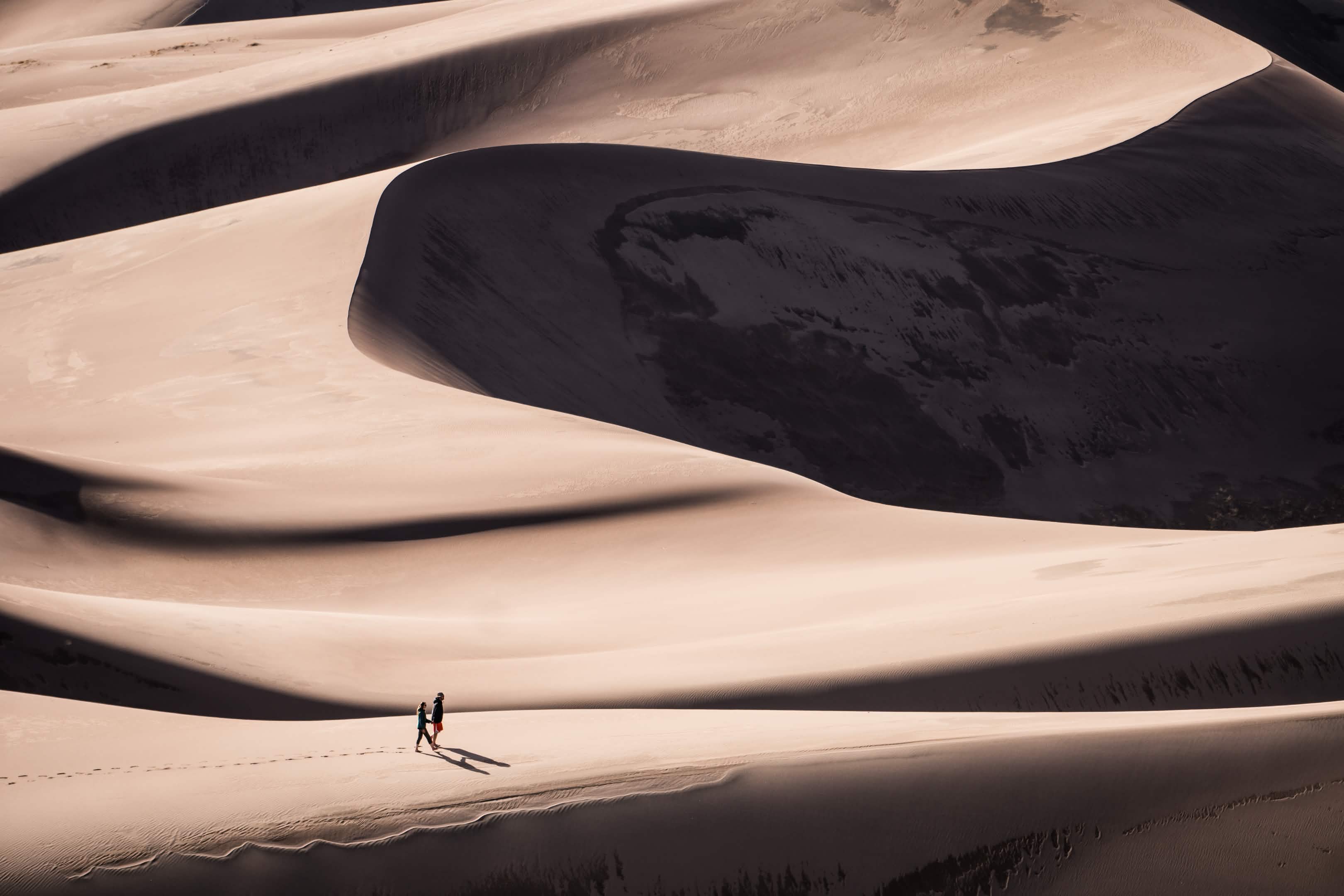 Hikers traversing a dune at the park.